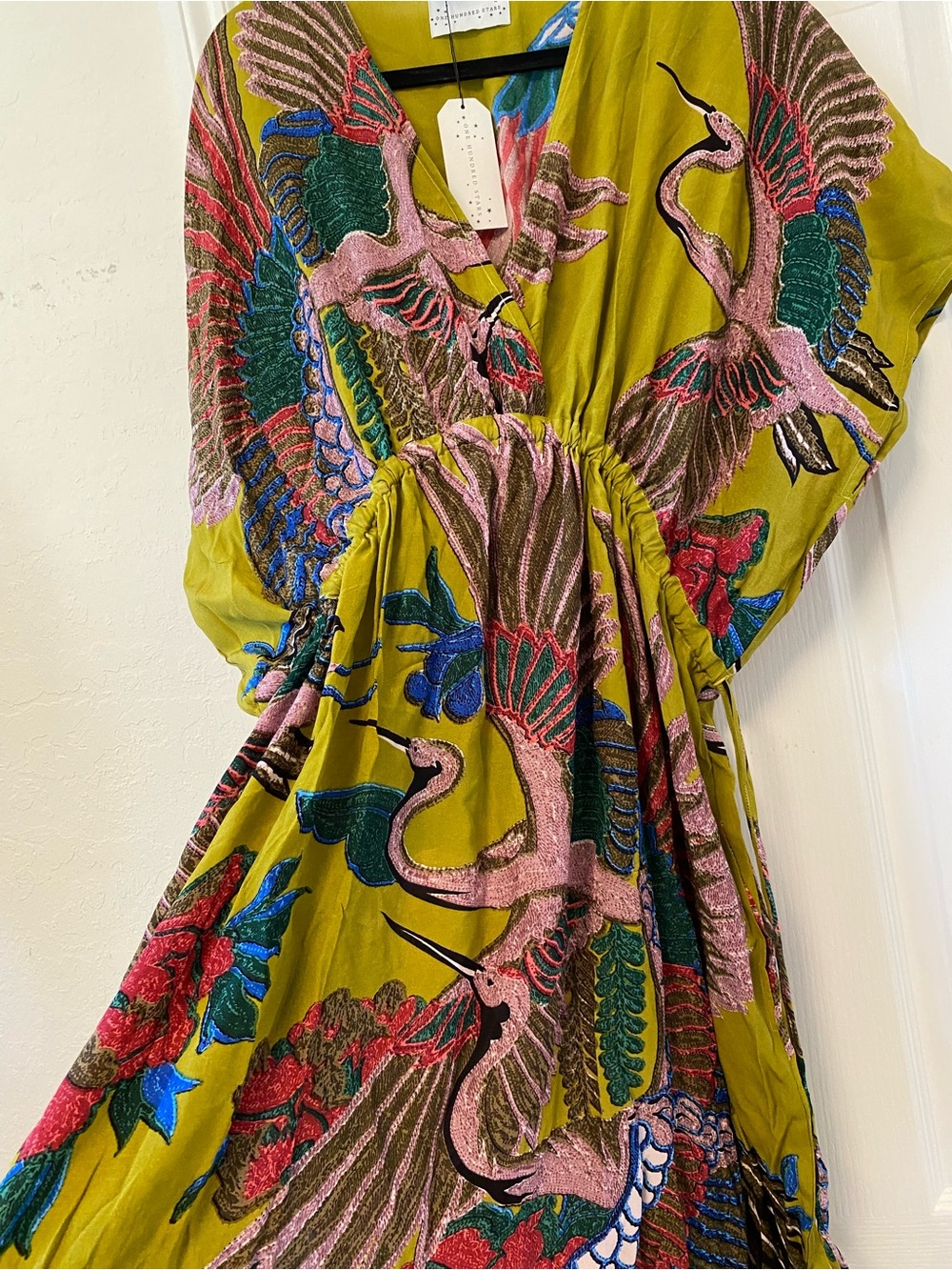NWT One Hundred Stars Green Colorful Boho Crane Bird Print Kimono Maxi Dress OS